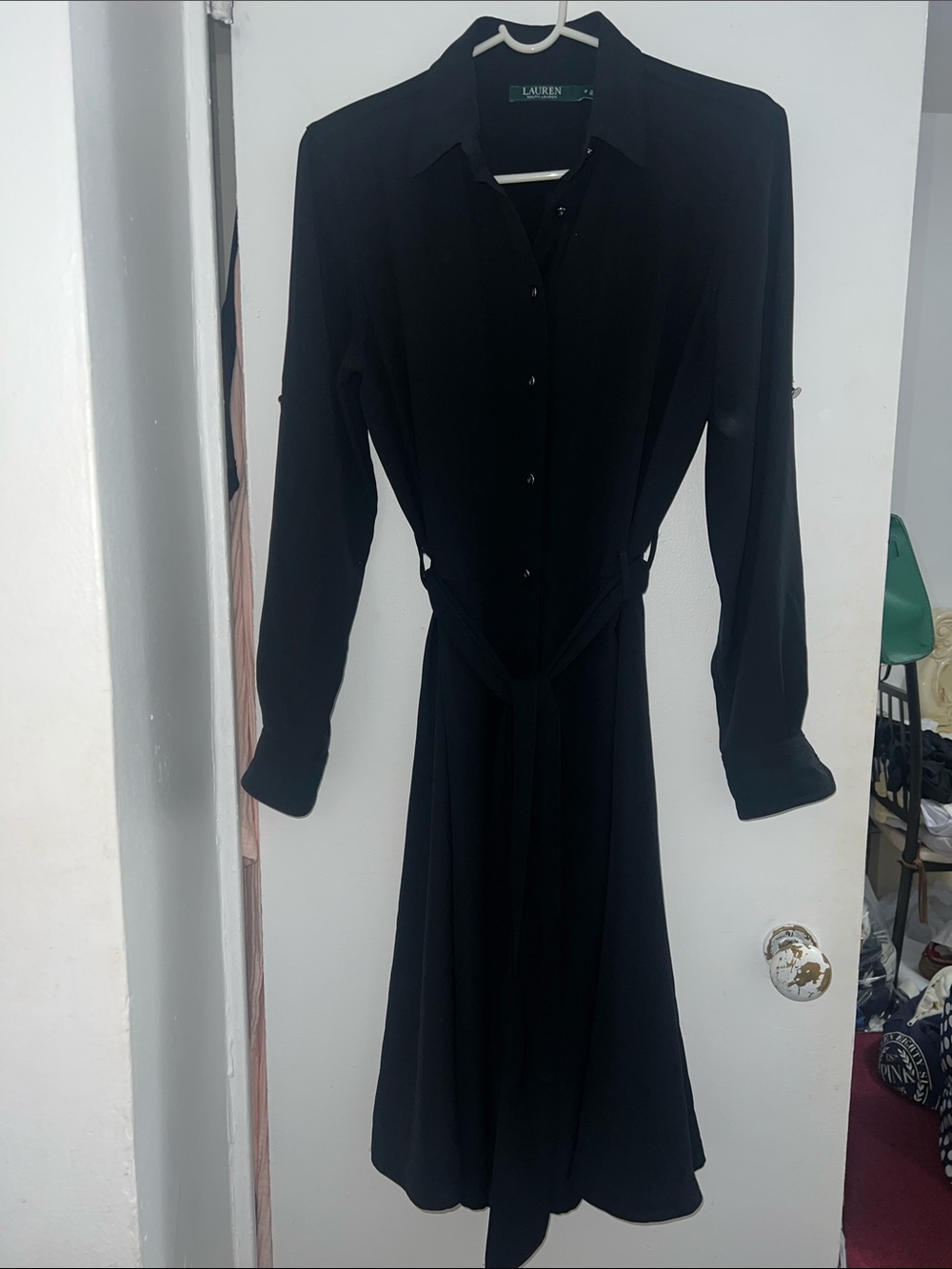 Lauren Ralph Lauren Black Long Sleeve Button-Front Shirt Dress with Waist Tie